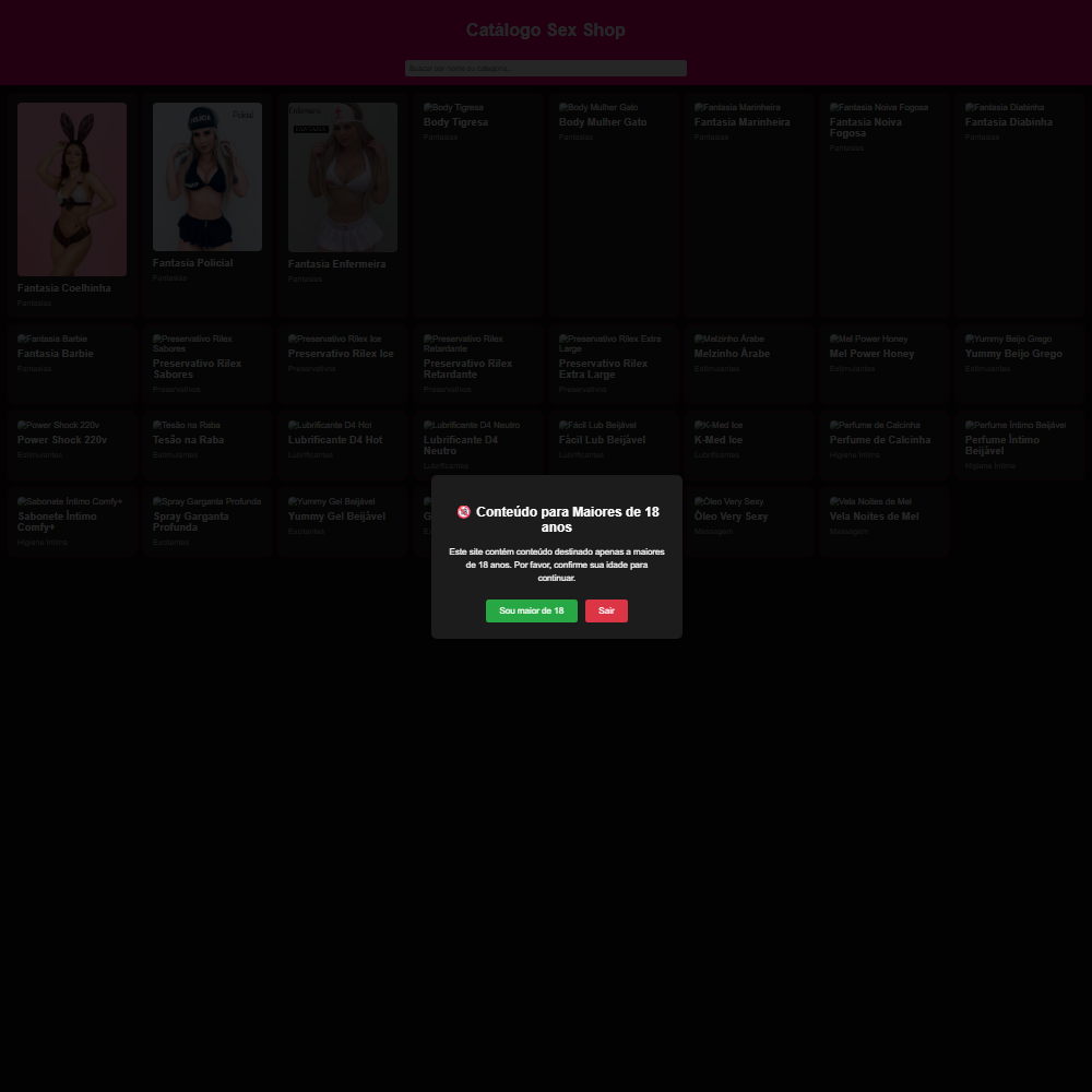 Frontend de loja adulta - Interface web responsiva